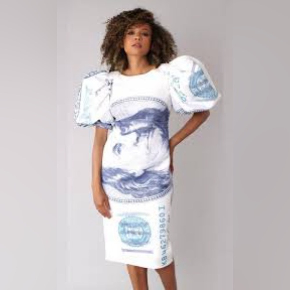 White‎ Dress with Blue Money Print